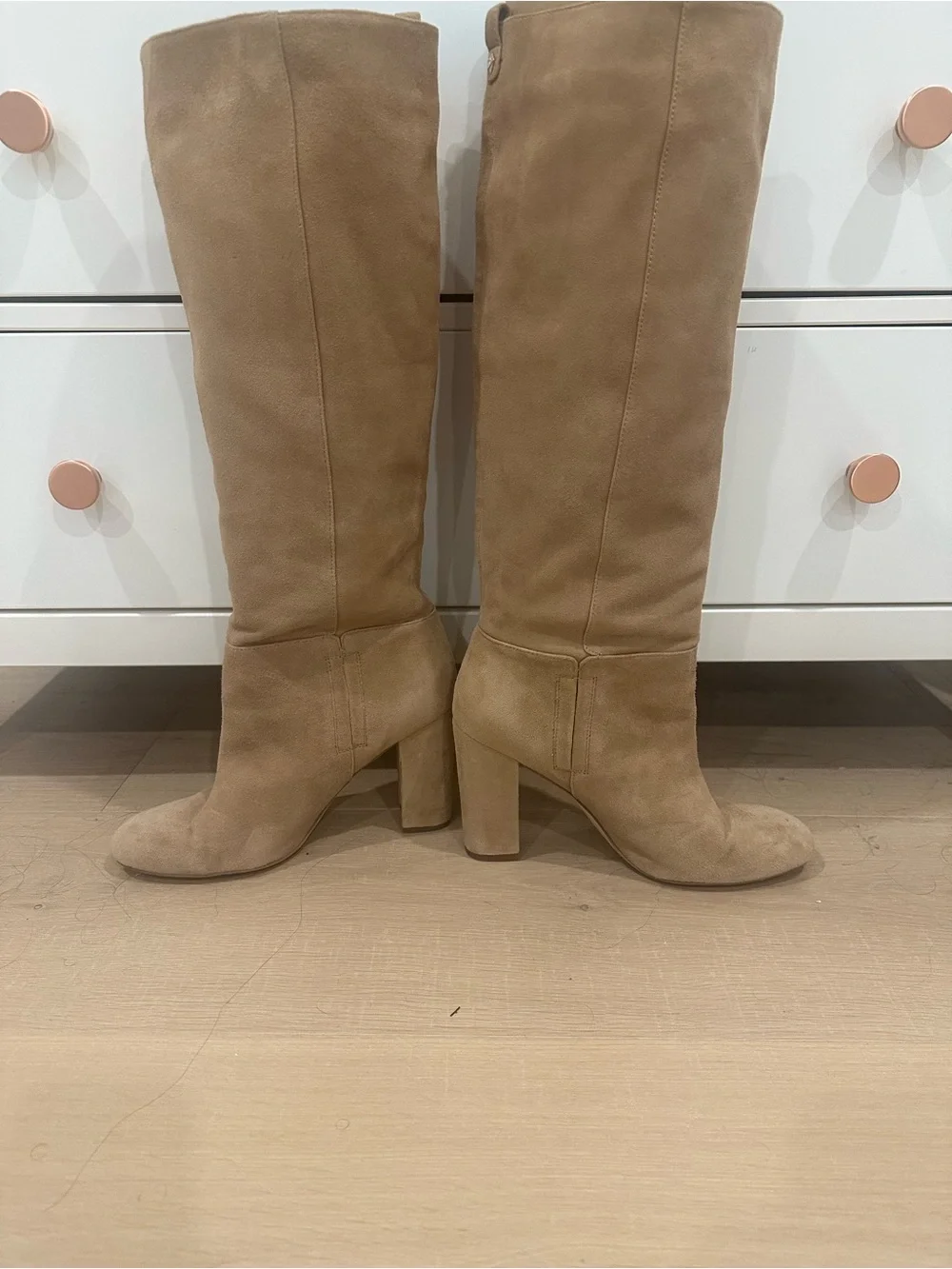Sam Edelman Tan Knee-High Suede Block Heel Boots